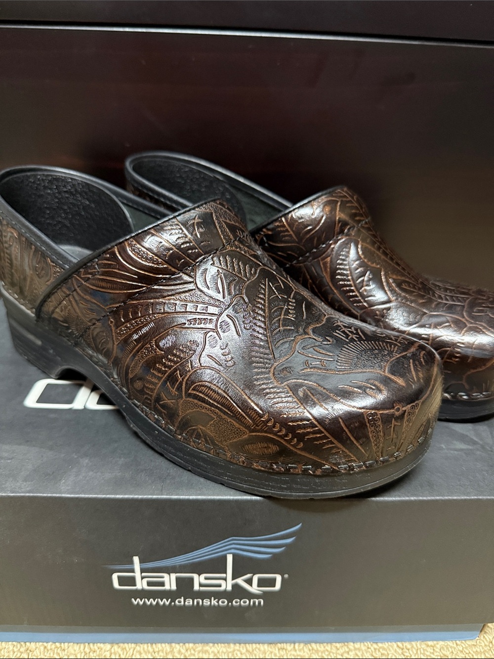 Dansko Women’s Brown Embossed Leather Slip-On Clogs